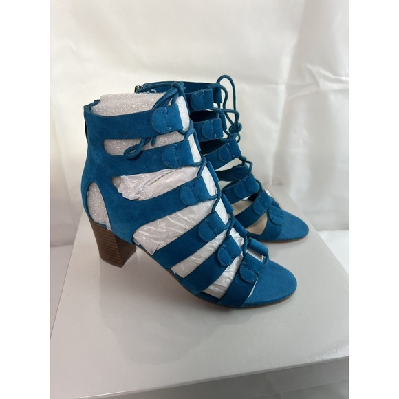 Marc Fisher Paradox Suede Lace Up Block Heel Sandal Womens 6M Teal Blue New‎ - Picture 3 of 7